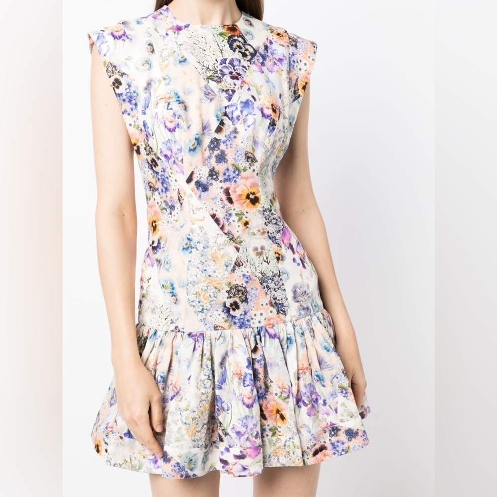 ZIMMERMANN 100% Linen Tama Flounce Short Dress in Diamond Splice Print 0 NWT